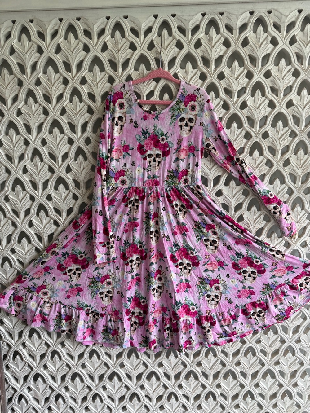 Little Bum Bums Size 9/10 Bamboo Long Sleeve Twirl Dress - Pink Floral Skull EUC